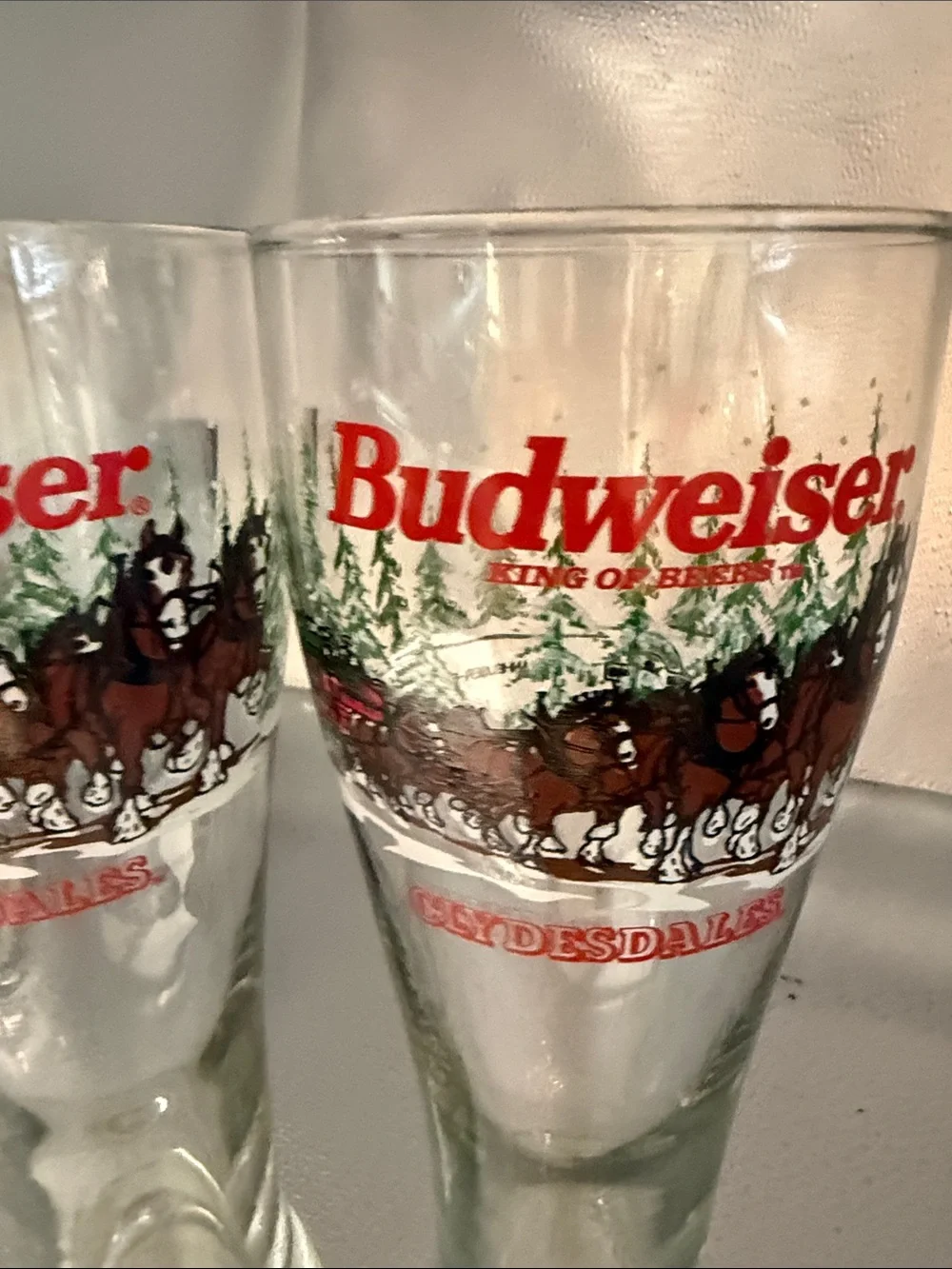 Vintage Budweiser Pilsner Glasses with Red Logo and Brown Clydesdales - Set of 2